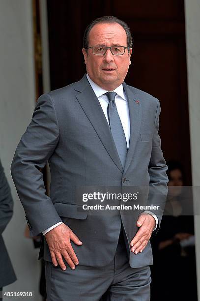 French President Francois Hollande receives United Nations Secretary General Ban Ki-Moon for a lunch at Elysee Palace on August 25, 2015 in Paris,...