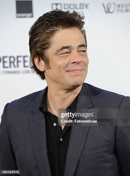 Benicio del Toro attends a photocall for 'A Perfect Day' at the Villamagna Hotel on August 25, 2015 in Madrid, Spain.