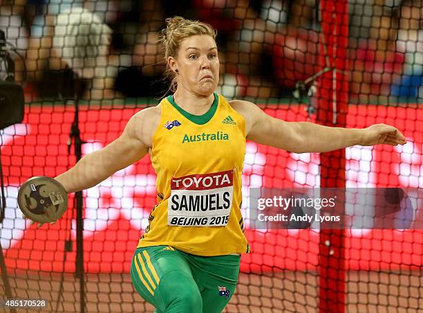 Dani Samuels of Australia competes in the Women's Discus final during day four of the 15th IAAF World Athletics Championships Beijing 2015 at Beijing...