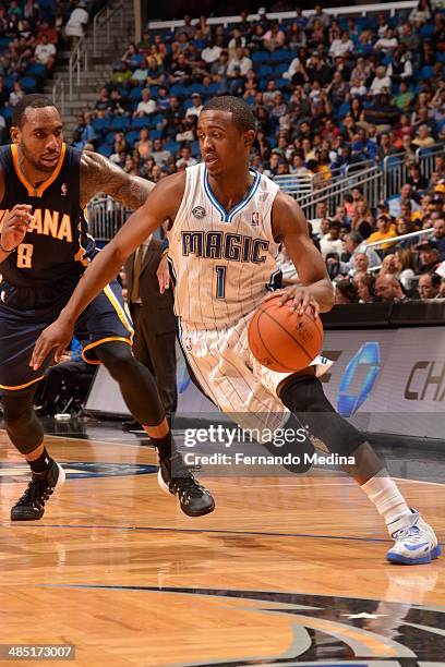Doron Lamb of the Orlando Magic drives against the Indiana Pacers on April 16, 2014 at Amway Center in Orlando, Florida. NOTE TO USER: User expressly...
