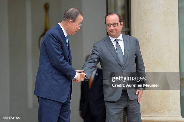 United Nations Secretary General Ban Ki-Moon leaves the Elysee Palace after a lunch with French President Francois Hollande on August 25, 2015 in...