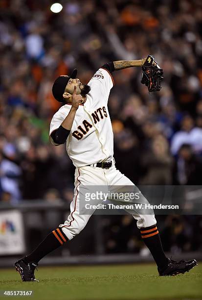 Pitcher Sergio Romo of the San Francisco Giants celebrates deteating the Los Angeles Dodgers 2-1 at AT&T Park on April 16, 2014 in San Francisco,...