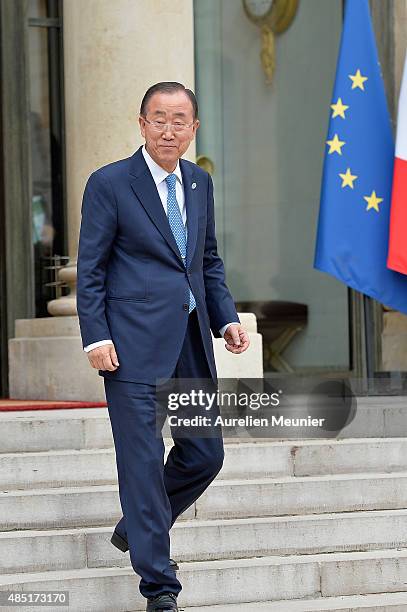 United Nations Secretary General Ban Ki-Moon leaves the Elysee Palace after a lunch with French President Francois Hollande on August 25, 2015 in...