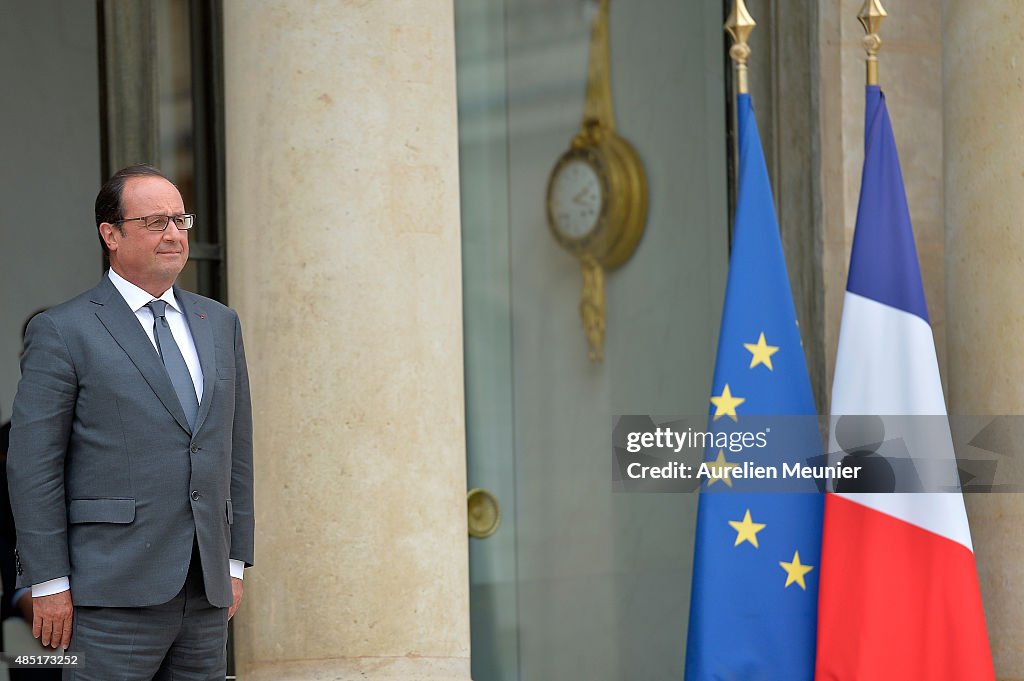 French President Francois Hollande Receives UN Secretary General Ban Ki-Moon At Elysee Palace