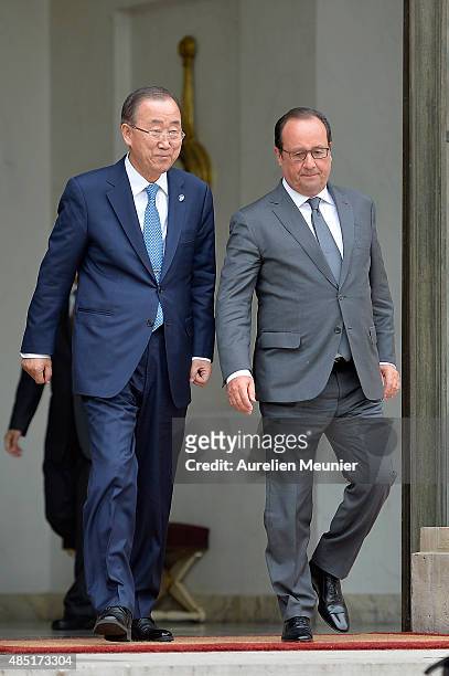 United Nations Secretary General Ban Ki-Moon leaves the Elysee Palace after a lunch with French President Francois Hollande on August 25, 2015 in...