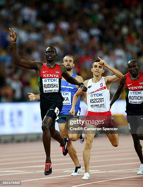 David Lekuta Rudisha of Kenya crosses the finish line to win gold in the Men's 800 metres final during day four of the 15th IAAF World Athletics...