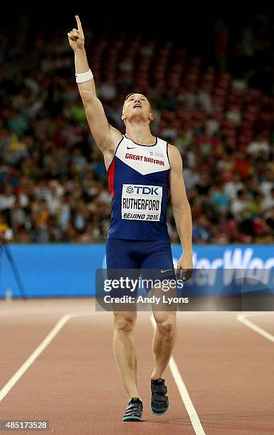 Greg Rutherford of Great Britain celebrates after winning gold in the Men's Long Jump final during day four of the 15th IAAF World Athletics...