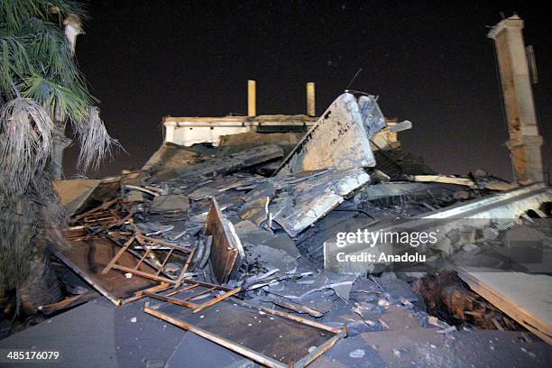 The base of Ansar al-Sharia in Benghazi is destroyed after a massive explosion on April 17, 2014.