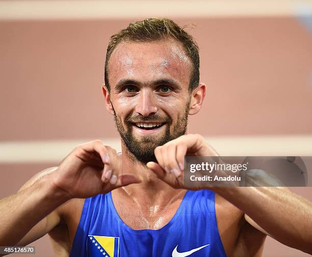 Amel Tuka of Bosnia and Herzegovina celebrates after winning the bronze medal in the Men's 800 metres final during the '15th IAAF World Athletics...