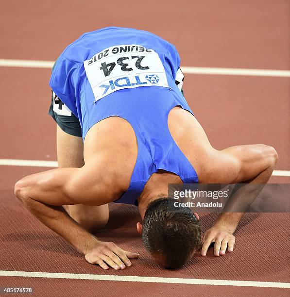 Amel Tuka of Bosnia and Herzegovina celebrates after winning the bronze medal in the Men's 800 metres final during the '15th IAAF World Athletics...