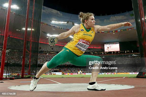 Dani Samuels of Australia competes in the Women's Discus final during day four of the 15th IAAF World Athletics Championships Beijing 2015 at Beijing...