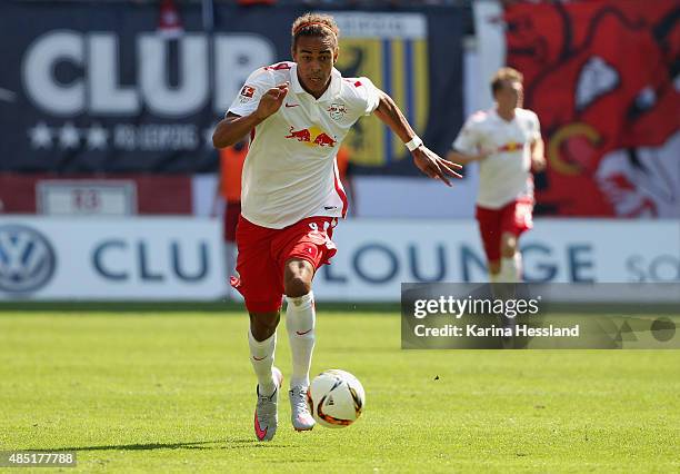 Yussuf Poulsen of Leipzig during the Second League match between RB Leipzig and FC St.Pauli at Red-Bull Arena on August 23, 2015 in Leipzig, Germany.