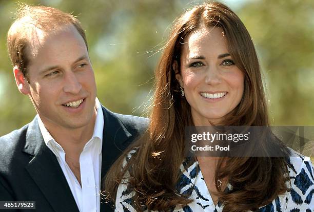 Prince William, Duke of Cambridge and Catherine, Duchess of Cambridge pose with Winmalee Girl Guides after planting a Summer Red Eucalyptus tree at...