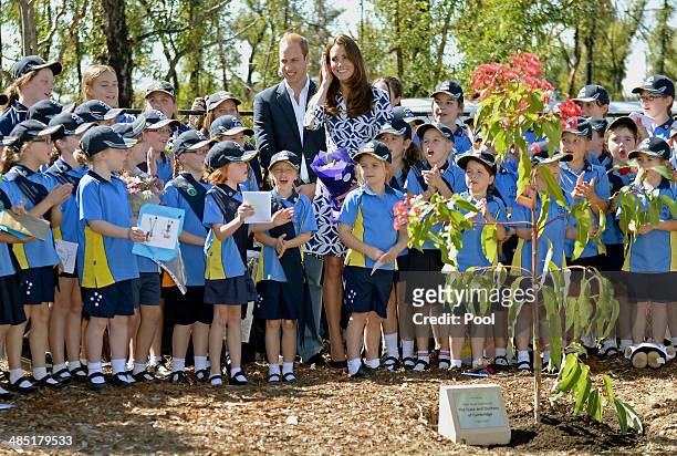 Prince William, Duke of Cambridge and Catherine, Duchess of Cambridge pose with Winmalee Girl Guides after planting a Summer Red Eucalyptus tree at...