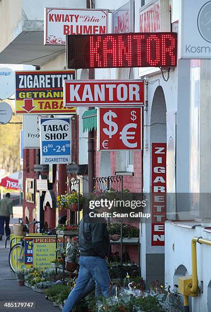 Shops offering currency exchange, cigarettes and other services line a street near the German-Polish border on April 16, 2014 in Slubice, Poland. May...