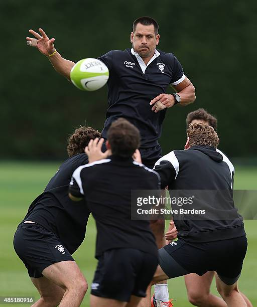 Pierre Spies of the Barbarians in action during a Barbarians training session at Latymer Upper School sports ground on August 25, 2015 in London,...