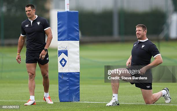 Bakkies Botha and Pierre Spies of the Barbarians warm up during a Barbarians training session at Latymer Upper School sports ground on August 25,...