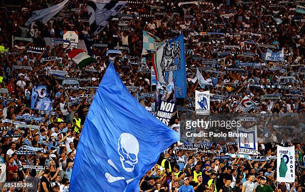Lazio fans during the UEFA Champions League qualifying round play off first leg match between SS Lazio and Bayer Leverkusen at Olimpico Stadium on...