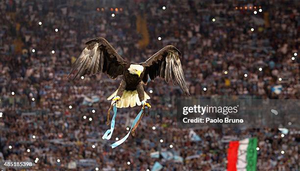 The SS Lazio's mascot eagle Olympia flies before the UEFA Champions League qualifying round play off first leg match between SS Lazio and Bayer...