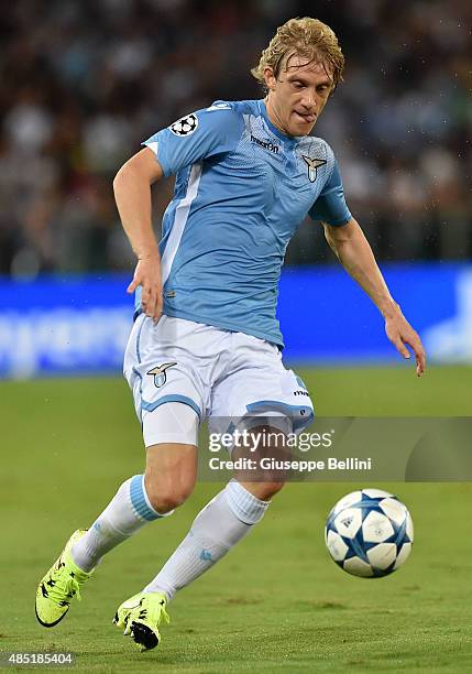 Dusan Basta of SS Lazio in action during the UEFA Champions League qualifying round play off first leg match between SS Lazio and Bayer Leverkusen at...