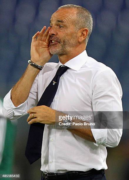 Lazio head coach Stefano Pioli reacts during the UEFA Champions League qualifying round play off first leg match between SS Lazio and Bayer...