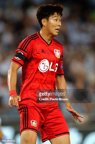 Son Heung-Min of Bayer Leverkusen in action during the UEFA Champions League qualifying round play off first leg match between SS Lazio and Bayer...