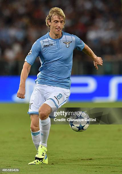 Dusan Basta of SS Lazio in action during the UEFA Champions League qualifying round play off first leg match between SS Lazio and Bayer Leverkusen at...