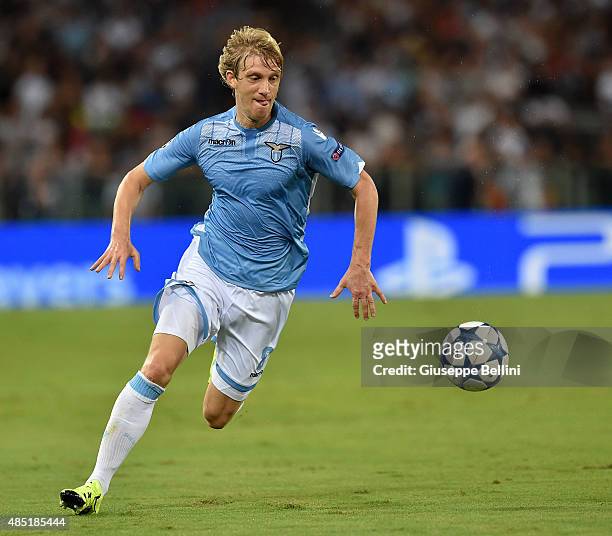 Dusan Basta of SS Lazio in action during the UEFA Champions League qualifying round play off first leg match between SS Lazio and Bayer Leverkusen at...