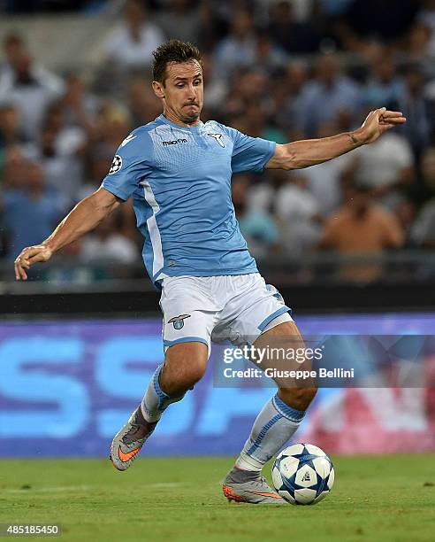 Miroslav Klose of SS Lazio in action during the UEFA Champions League qualifying round play off first leg match between SS Lazio and Bayer Leverkusen...