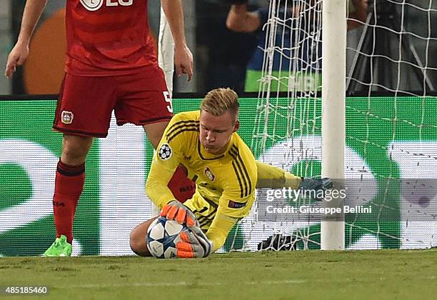 Bernd Leno of Bayer Leverkusen in action during the UEFA Champions League qualifying round play off first leg match between SS Lazio and Bayer...