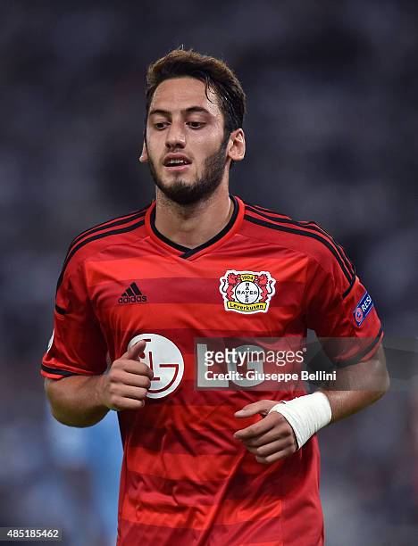Hakan Calhanoglu of Bayer Leverkusen in action during the UEFA Champions League qualifying round play off first leg match between SS Lazio and Bayer...