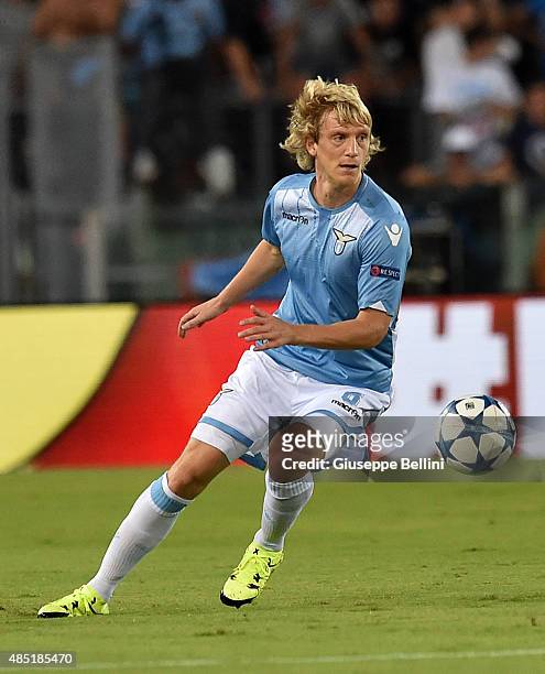 Dusan Basta of SS Lazio in action during the UEFA Champions League qualifying round play off first leg match between SS Lazio and Bayer Leverkusen at...