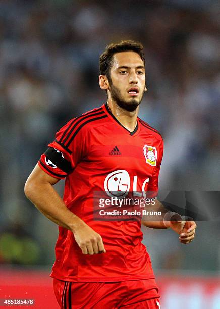 Hakan Calhanoglu of Bayer Leverkusen in action during the UEFA Champions League qualifying round play off first leg match between SS Lazio and Bayer...
