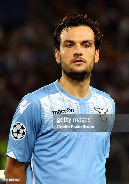 Marco Parolo of SS Lazio looks on during the UEFA Champions League qualifying round play off first leg match between SS Lazio and Bayer Leverkusen at...