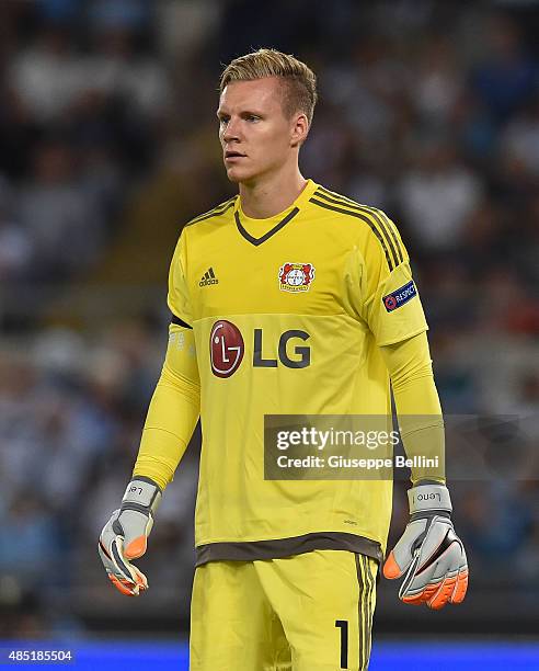 Bernd Leno of Bayer Leverkusen in action during the UEFA Champions League qualifying round play off first leg match between SS Lazio and Bayer...