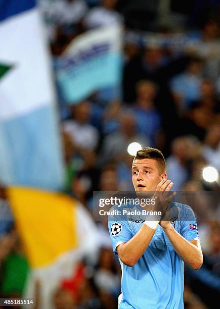 Sergej Milinkovic-Savic of SS Lazio greets the fans after the UEFA Champions League qualifying round play off first leg match between SS Lazio and...