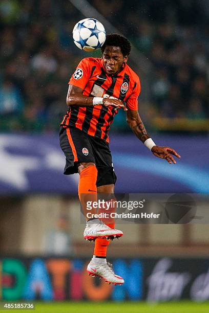 Fred of Donetsk goes for a header during the UEFA Champions League: Qualifying Round Play Off First Leg match between SK Rapid Vienna and FC Shakhtar...