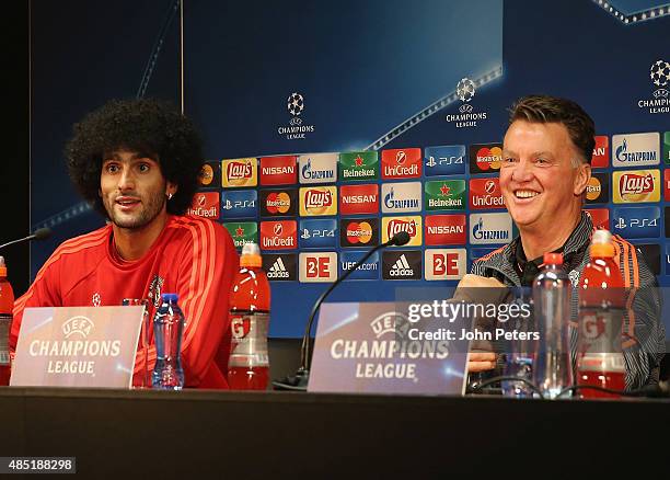Manager Louis van Gaal of Manchester United speaks during a press conference, ahead of their UEFA Champions League play-off second leg match against...