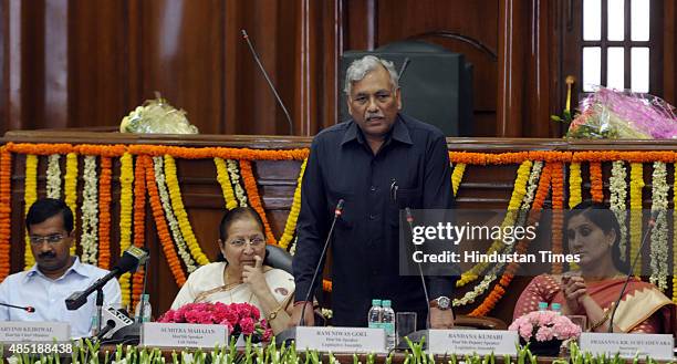 Delhi Assembly Speaker Ram Niwas Goel addresses the MLAs as Delhi Chief Minister Arvind Kejriwal, Lok Sabha Speaker Sumitra Mahajan, Deputy Speaker...