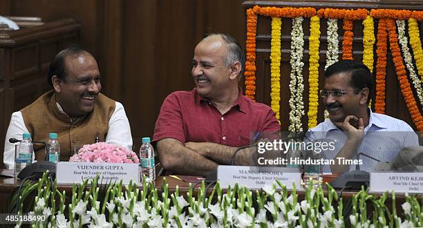 Delhi Chief Minister Arvind Kejriwal , Deputy Chief Minister Manish Sisodia , Leader of Opposition, Delhi Assembly Vijender Gupta during the National...