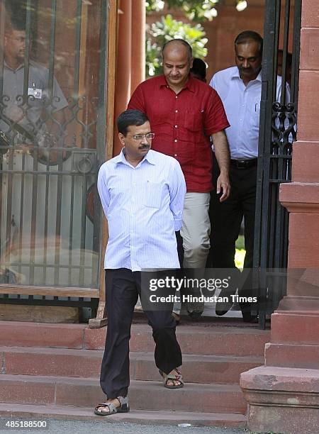 Chief Minister of Delhi Arvind Kejriwal and Deputy Chief Minister Manish Sisodia coming out after meeting with Prime Minister Narendra Modi at PM...