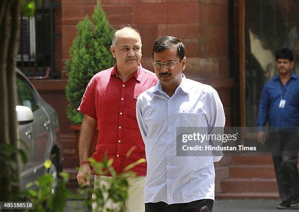 Chief Minister of Delhi Arvind Kejriwal and Deputy Chief Minister Manish Sisodia coming out after meeting with Prime Minister Narendra Modi at PM...