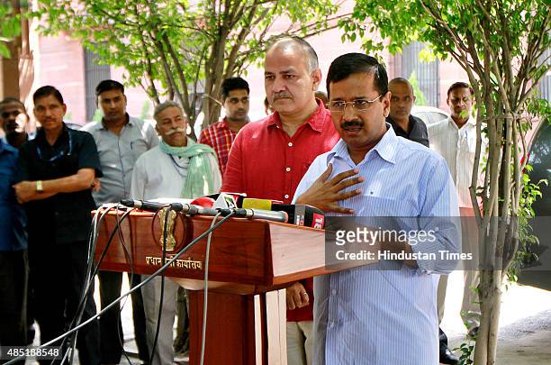 Chief Minister of Delhi Arvind Kejriwal and Deputy Chief Minister Manish Sisodia addressing media after meeting with Prime Minister Narendra Modi at...