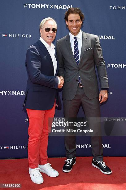 Tommy Hilfiger and Rafael Nadal attend the Tommy Hilfiger and Rafael Nadal Global Brand Ambassadorship Launch at Bryant Park on August 25, 2015 in...