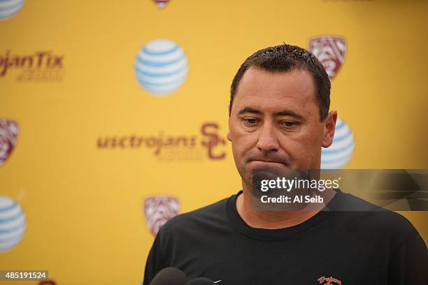 Football coach Steve Sarkisian addresses the media Tuesday morning, August 25 about his behavior and language during a booster event on campus...