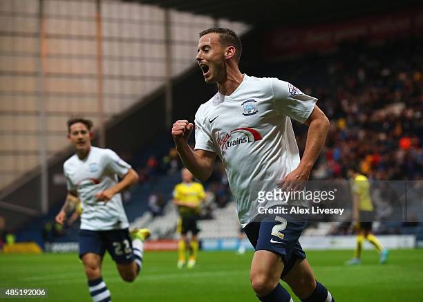 Marnick Vermijl of Preston North End celebrates scoring the opening goal during the Capital One Cup second round match between Preston North End and...