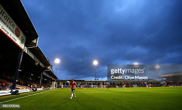 General view as Danny Green of Luton Town prepares to take a corner during the Capital One Cup second round match between Luton Town and Stoke City...