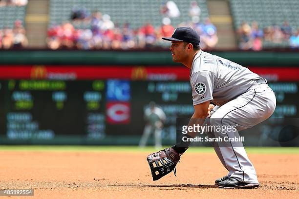 Jesus Montero of the Seattle Mariners looks on during a game against the Texas Rangers at Globe Life Park in Arlington on August 19, 2015 in...