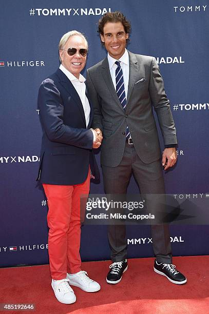 Tommy Hilfiger and Rafael Nadal attend the Tommy Hilfiger and Rafael Nadal Global Brand Ambassadorship Launch at Bryant Park on August 25, 2015 in...