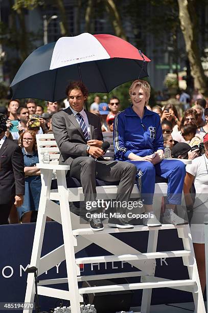 Rafael Nadal and Jane Lynch attend the Tommy Hilfiger and Rafael Nadal Global Brand Ambassadorship Launch at Bryant Park on August 25, 2015 in New...